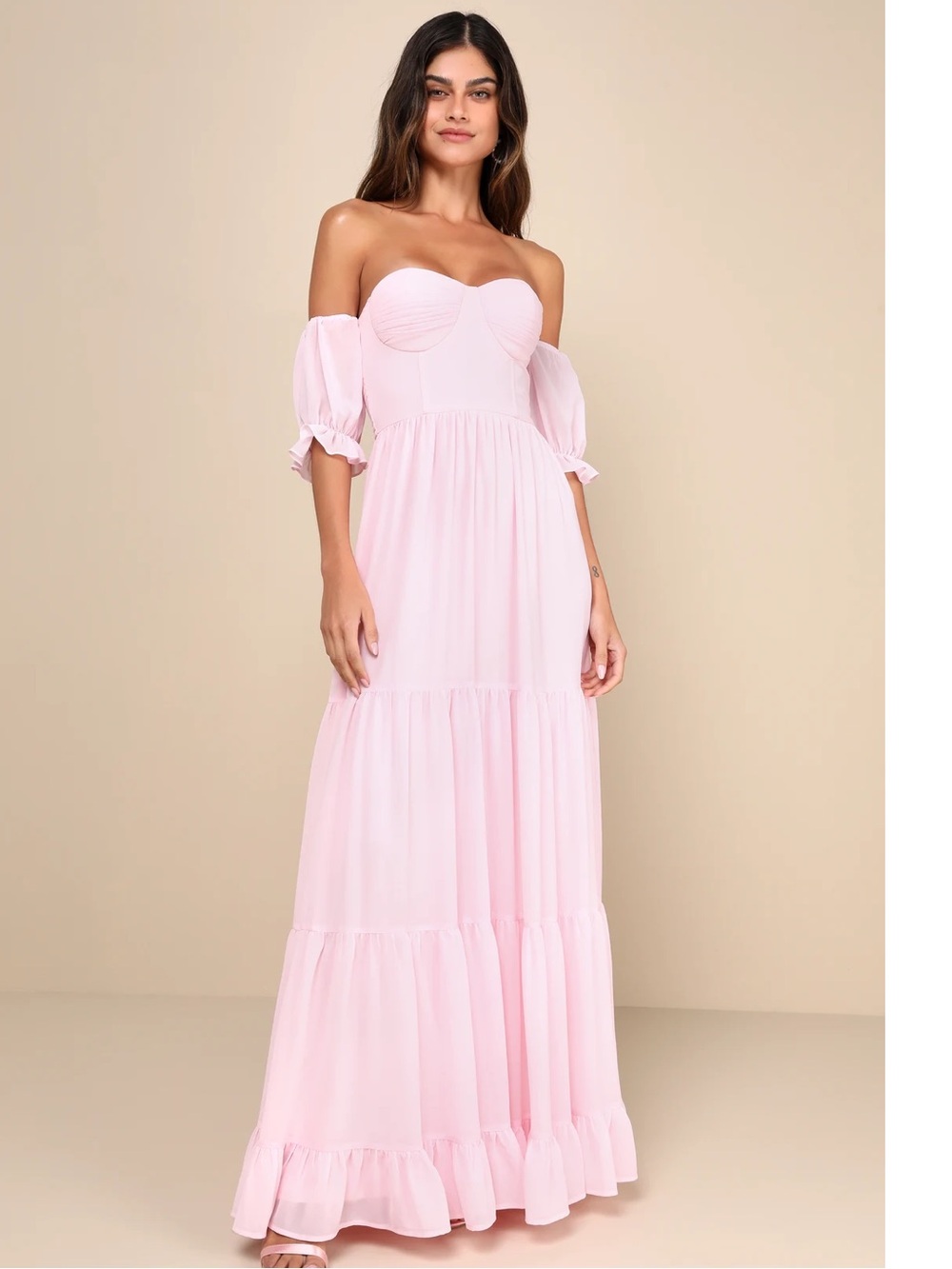 Lulus Exceptionally Gorgeous Blush Pink Chiffon Off-Shoulder Maxi Dress